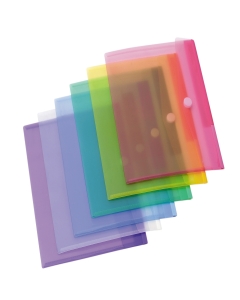 Buste in PPL con chiusura in velcro. Colori opalescenti. Dimensioni 24,6x31,5cm (contiene formato A4). Capacità circa 50-60 fogli.