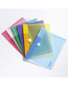 Buste in PPL con chiusura in velcro. Colori trasparente opaco in confezione da 6 colori assortiti. Dimensioni 25x13,5cm (contiene formato assegno).