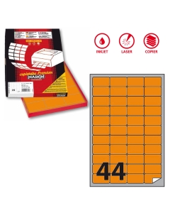 Scatola da 100fg da 21x29,7cm di etichette adesiva permanente arancio fluo. Etichette con angoli tondi. Adatte per stampanti inkjet, laser e copy.