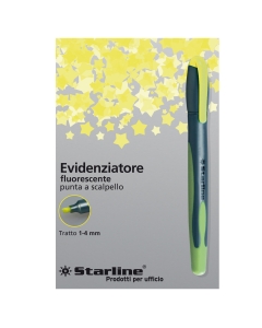 Evidenziatore a penna STARLINE con fusto in plastica con inserti gommati. Punta a scalpello per tratto da 1-4mm. Colore: giallo.