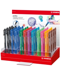 Espositore da banco con blochetto prova. Contiene 48 penne in 10 colori assortiti.