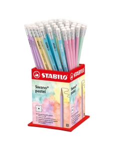 Espositore da banco con 72 matite in grafite gradazione HB con gommino in 6 colori pastel assortiti.