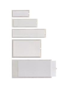 Porta etichette autoadesive in PVC trasparente con etichette intercambiabili. Facili da applicare su cassetti, ripiani, scatole, raccoglitori, valige, barattoli e bottiglie. Formato 32x88mm.