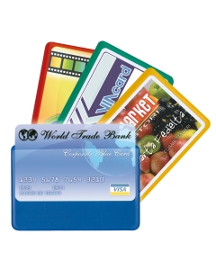 Espositore con porta carte di credito, schede telefoniche, tesserini di riconoscimento, nuovepatenti,viacard,tessere ACI, etc. In PVC morbido colorato.