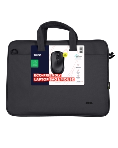 Set ecosostenibile formato da borsa laptop da 16" con mouse wireless silenzioso, entrambi realizzati con materiali riciclati.colore Nero