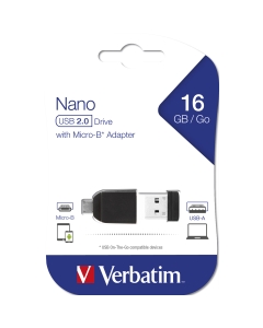 L'adattatore Verbatim On-The-Go con la memoria USB NANO è piccolo e comodo da usare in tablet e smartphone che supportano USB OTG. Rappresenta un modo rapido ed efficiente per trasferire i file da un dispositivo a un altro senza usare un PC.
USB On-The-Go