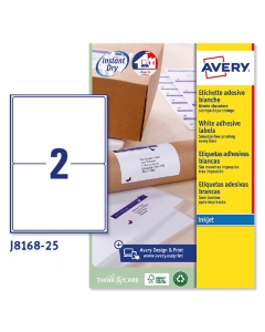 Confezione da 25 fogli in formato A4 in carta adesiva bianca. Ogni foglio contiene 2 etichette rettangolari con angoli tondi nel formato 199,6 x 143,5 mm. Adatto per stampanti inkjet. Tecnologia QuickDry.