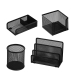 Set scrivania in rete metallica, composto da 4 accessori: sparticarte, cubo portamemo, portapenne e portafermagli.